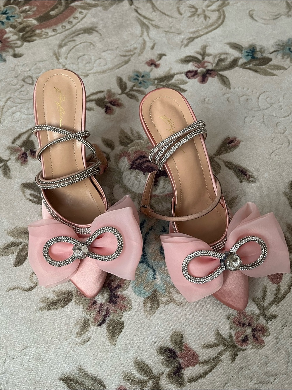 Pink Bow Pointed-Toe Mules with Crystal Strap Detail